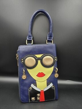 Novelty Navy Mini Shoulder Bag with Yellow Face Applique